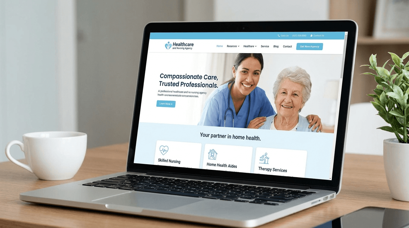 A professional nursing agency website on a laptop