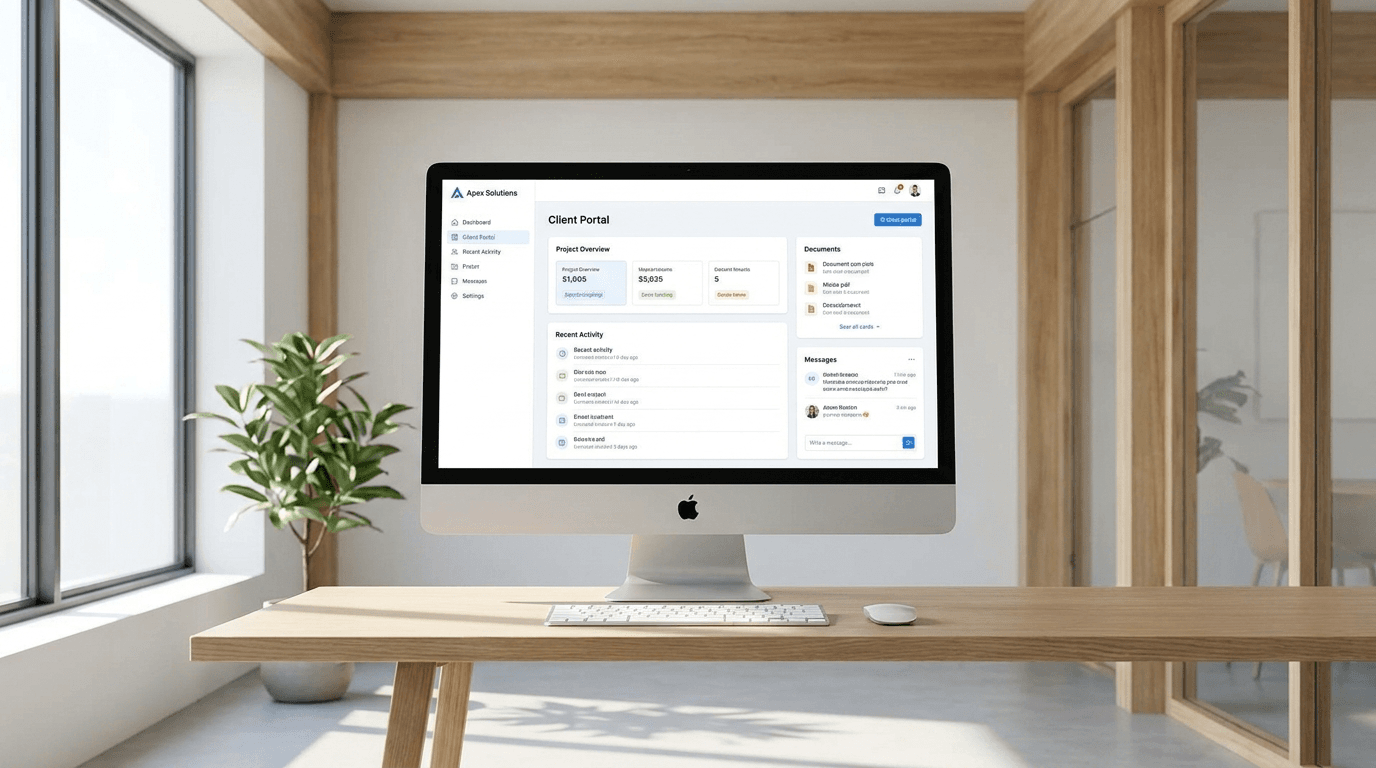 A clean professional client portal dashboard on a desktop monitor