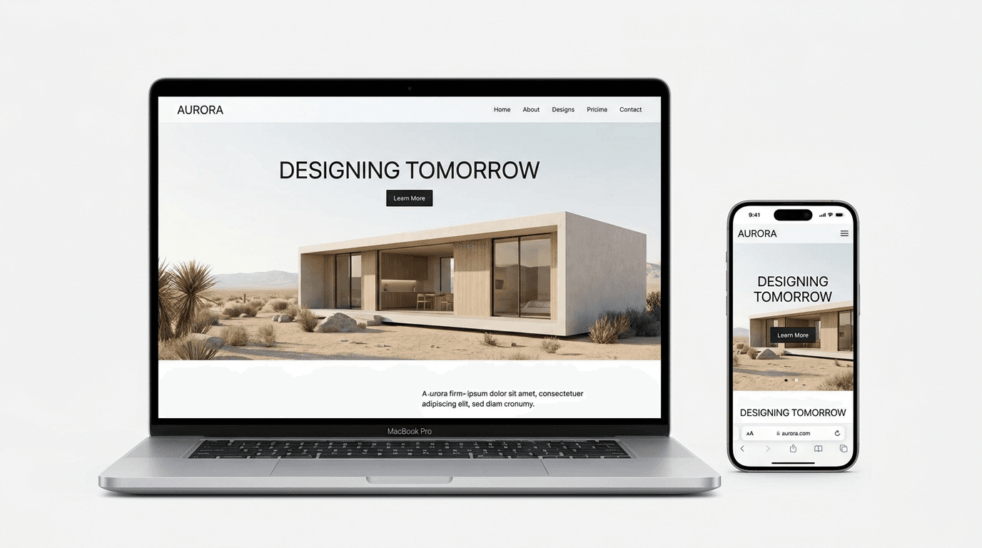 A modern website landing page shown on a laptop and a smartphone