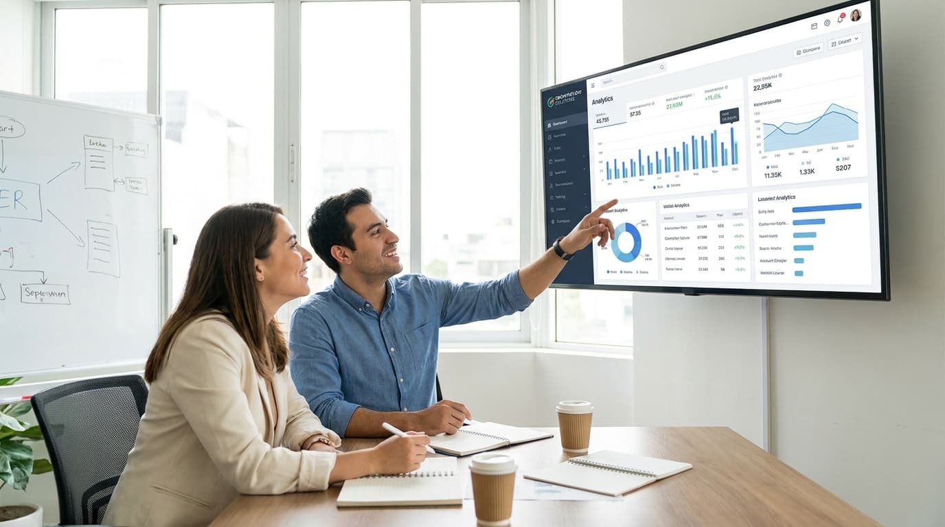 A developer and a business owner reviewing a custom dashboard