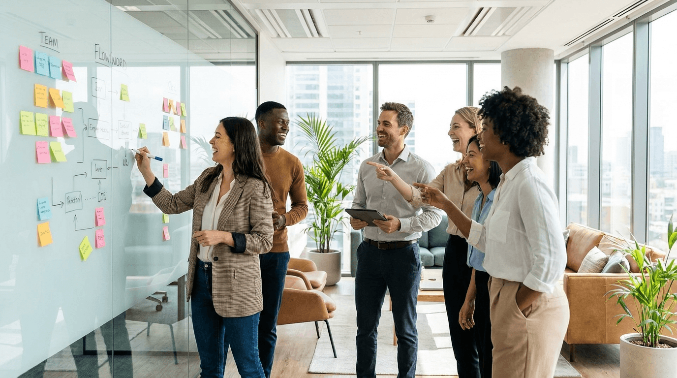 A team around a whiteboard mapping their business processes