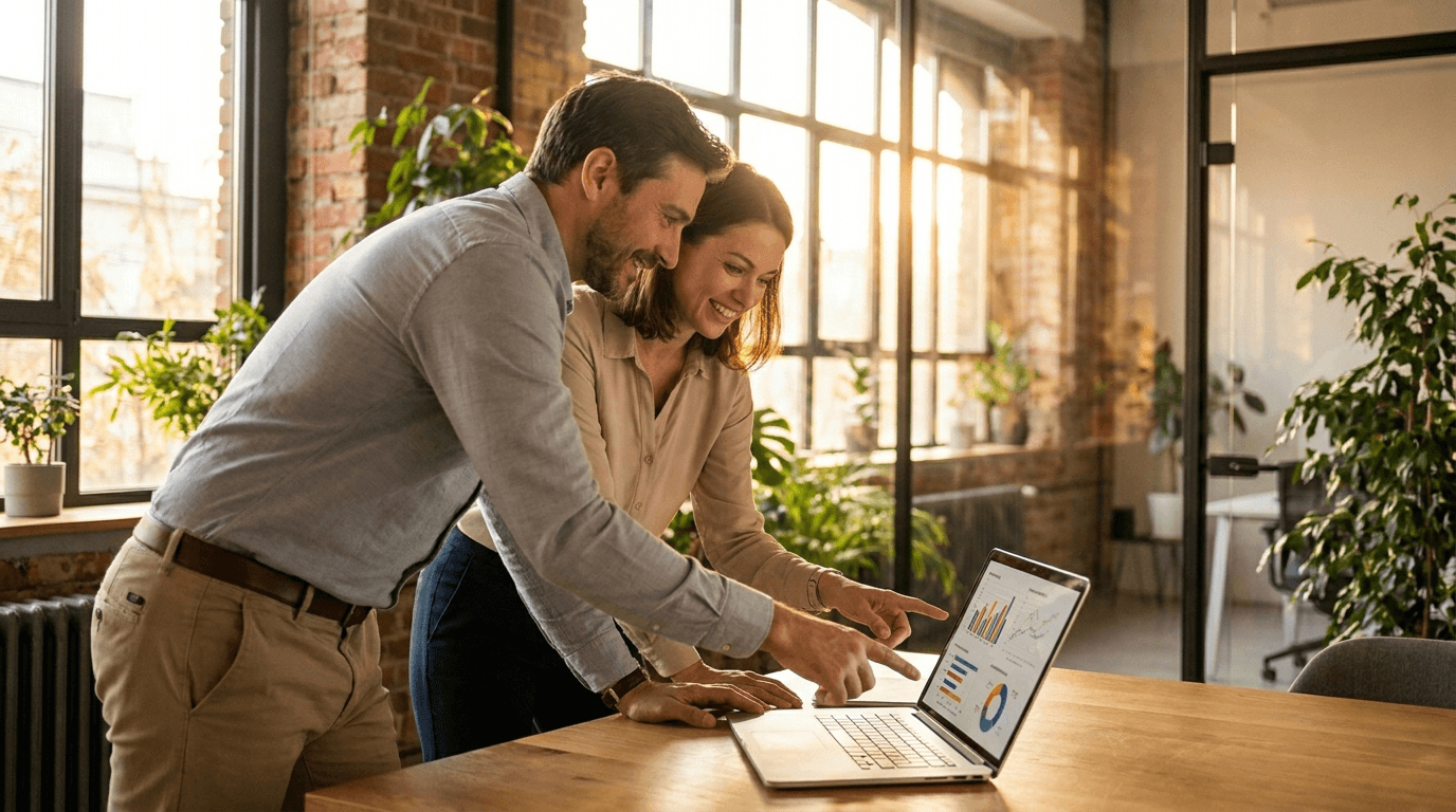 Two professionals reviewing analytics on a laptop together