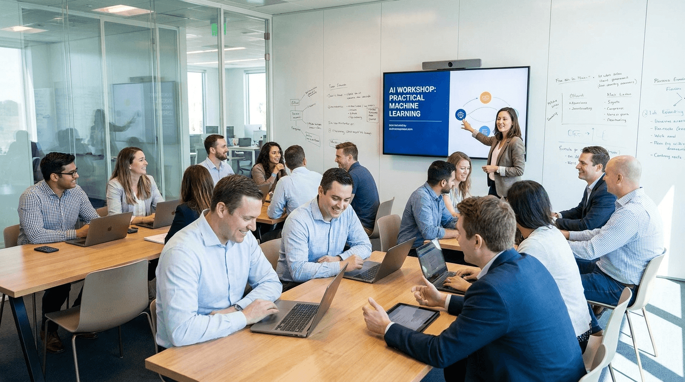 An engaged team learning together in an AI training workshop