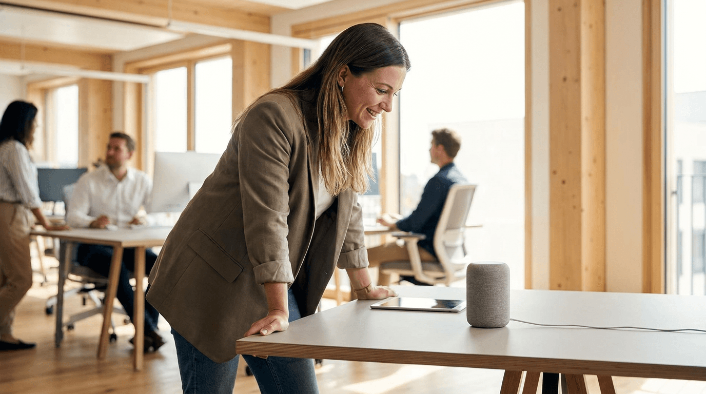 A professional speaking to a smart device in a modern office