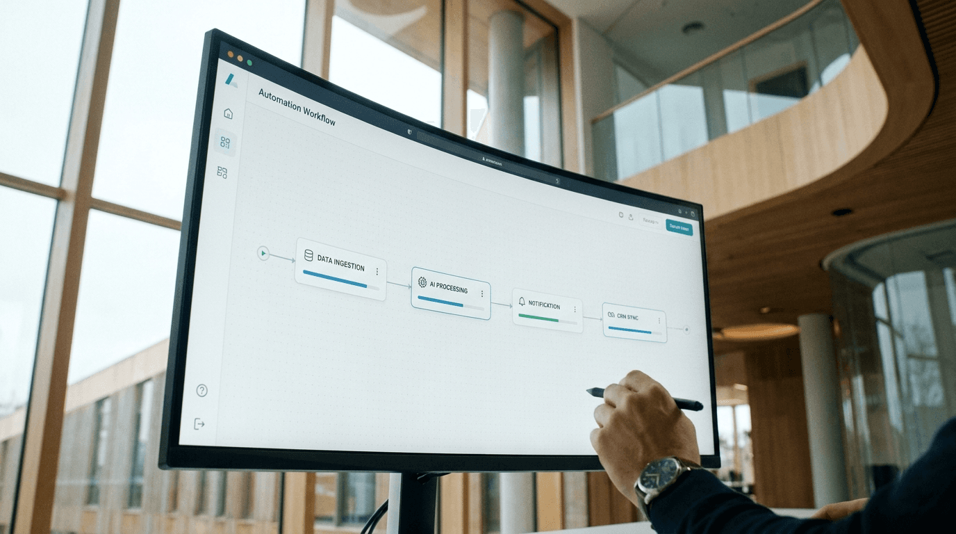 A clean automation workflow dashboard on a monitor