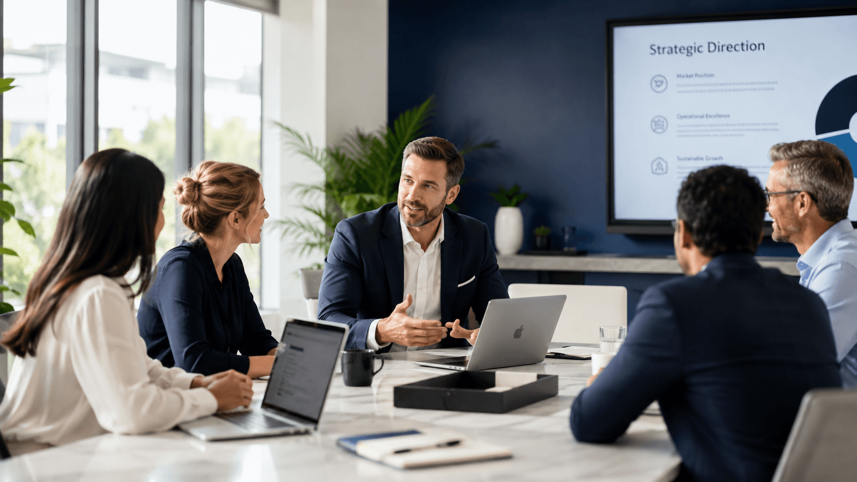 AIONIQS consultant working with a client team in a modern office, mapping their strategic direction