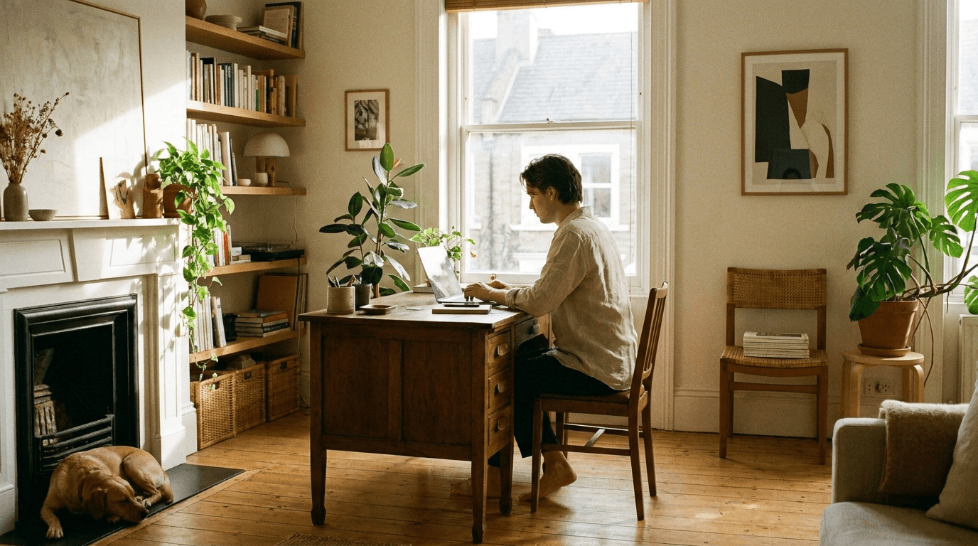 A person writing at a laptop in a focused creative workspace