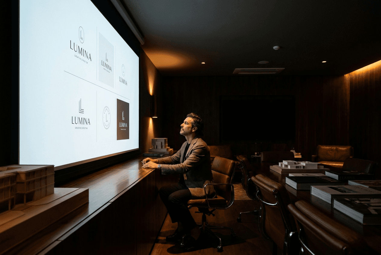 A creative director reviewing brand work on a large screen in a cinematic studio