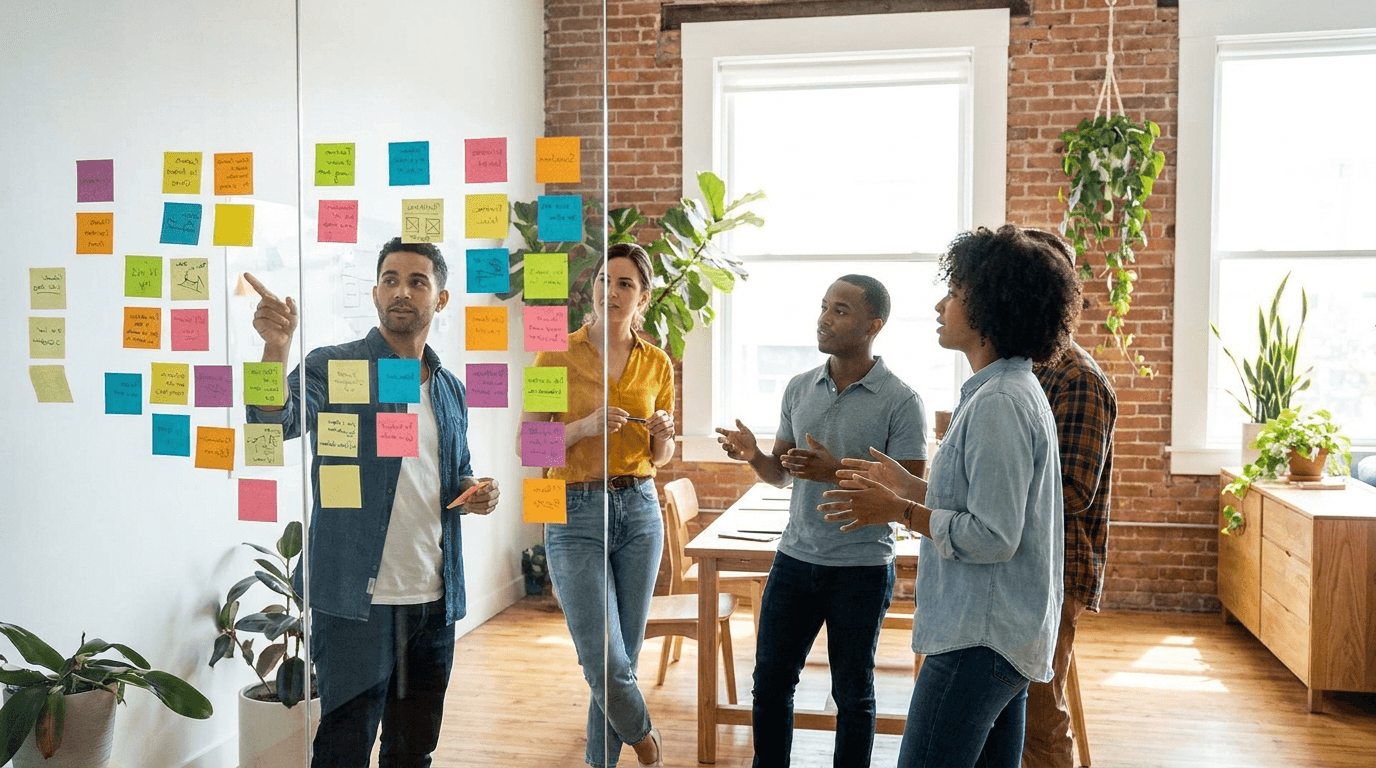A brand strategy session with sticky notes on a glass wall