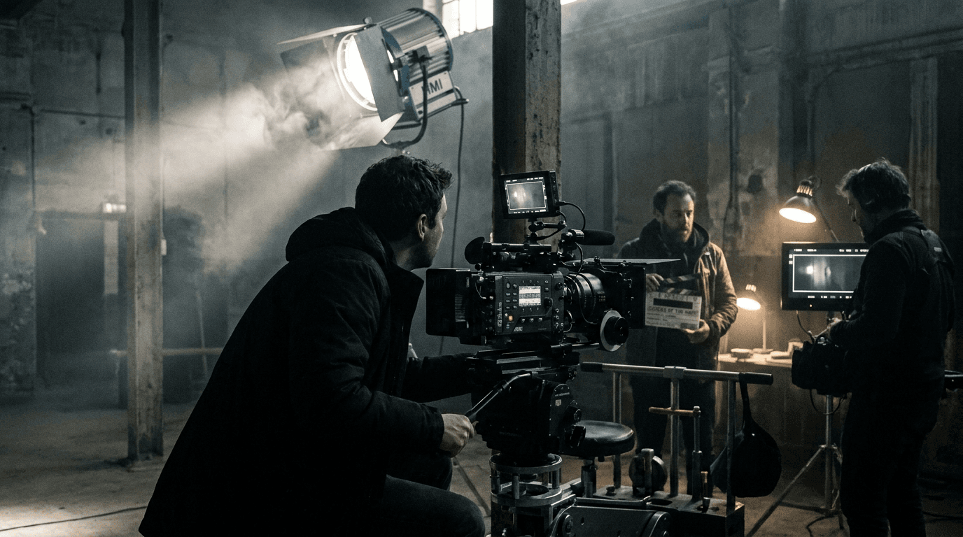 Cinematic film production still — dramatic lighting