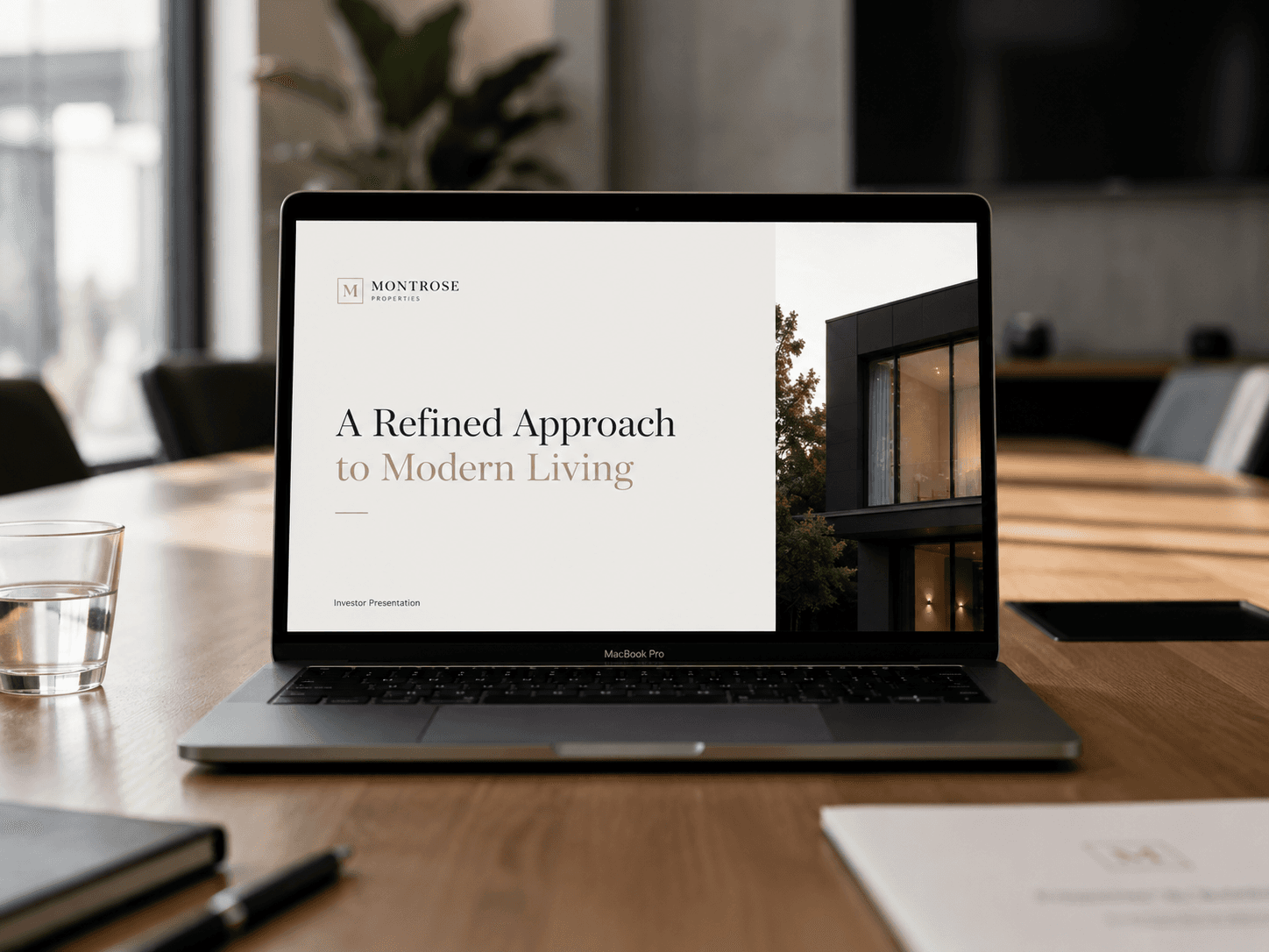 Pitch deck presentation displayed on a MacBook